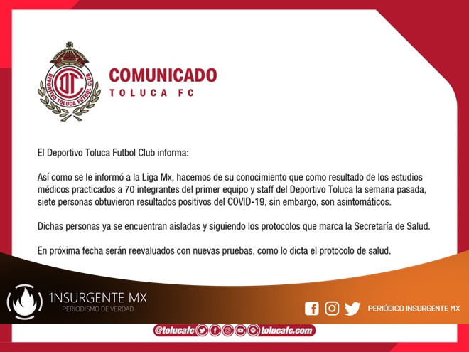 El Toluca FC tiene en sus filas a siete integrantes que dieron positivo a COVID-19