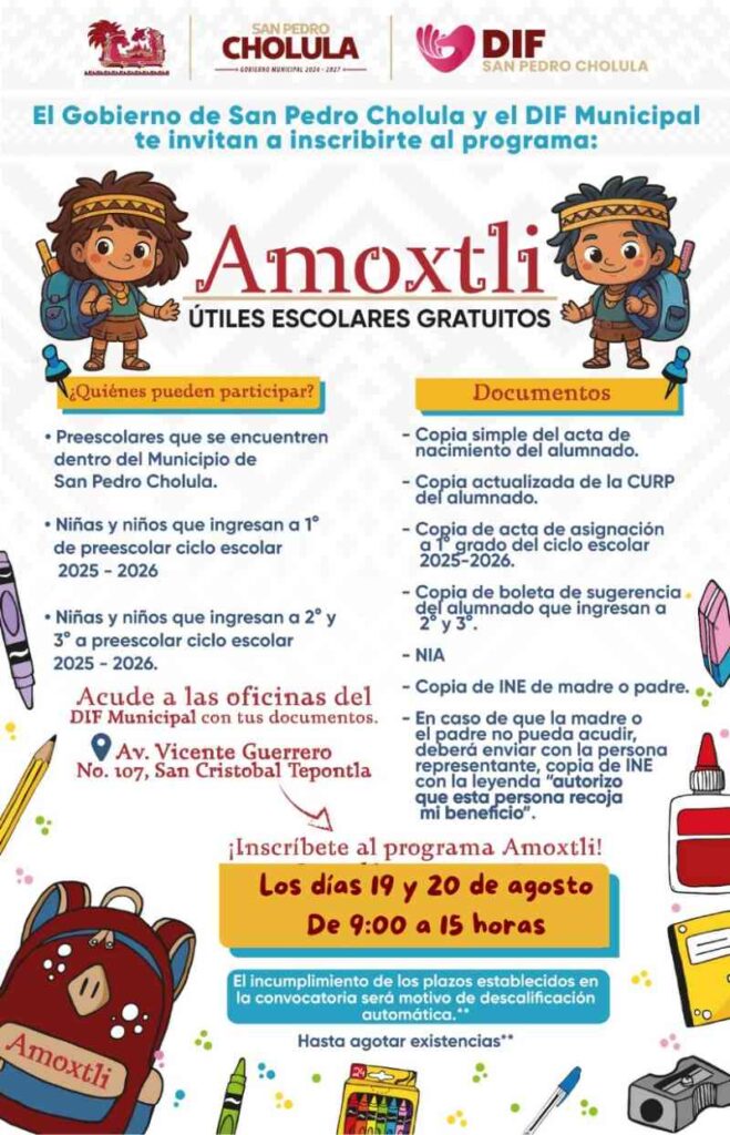 Continúa abierto el registro para la entrega de útiles escolares gratuitos a niñas y niños en San Pedro Cholula1