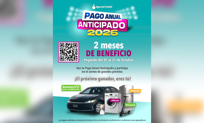 Con 2 meses de beneficio, la rifa de un auto y 60 premios más, Agua de Puebla arranca su “Pago Anual Anticipado 2026”