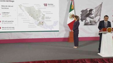 Presidenta Claudia Sheinbaum durante La Mañanera o mapa de los Distritos de Riego de Conagua